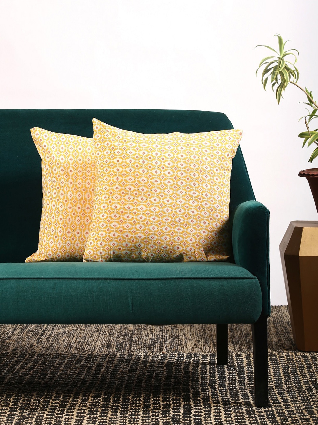 

Contrast Living Set Of 2 Yellow & White Printed Square Cushion Covers