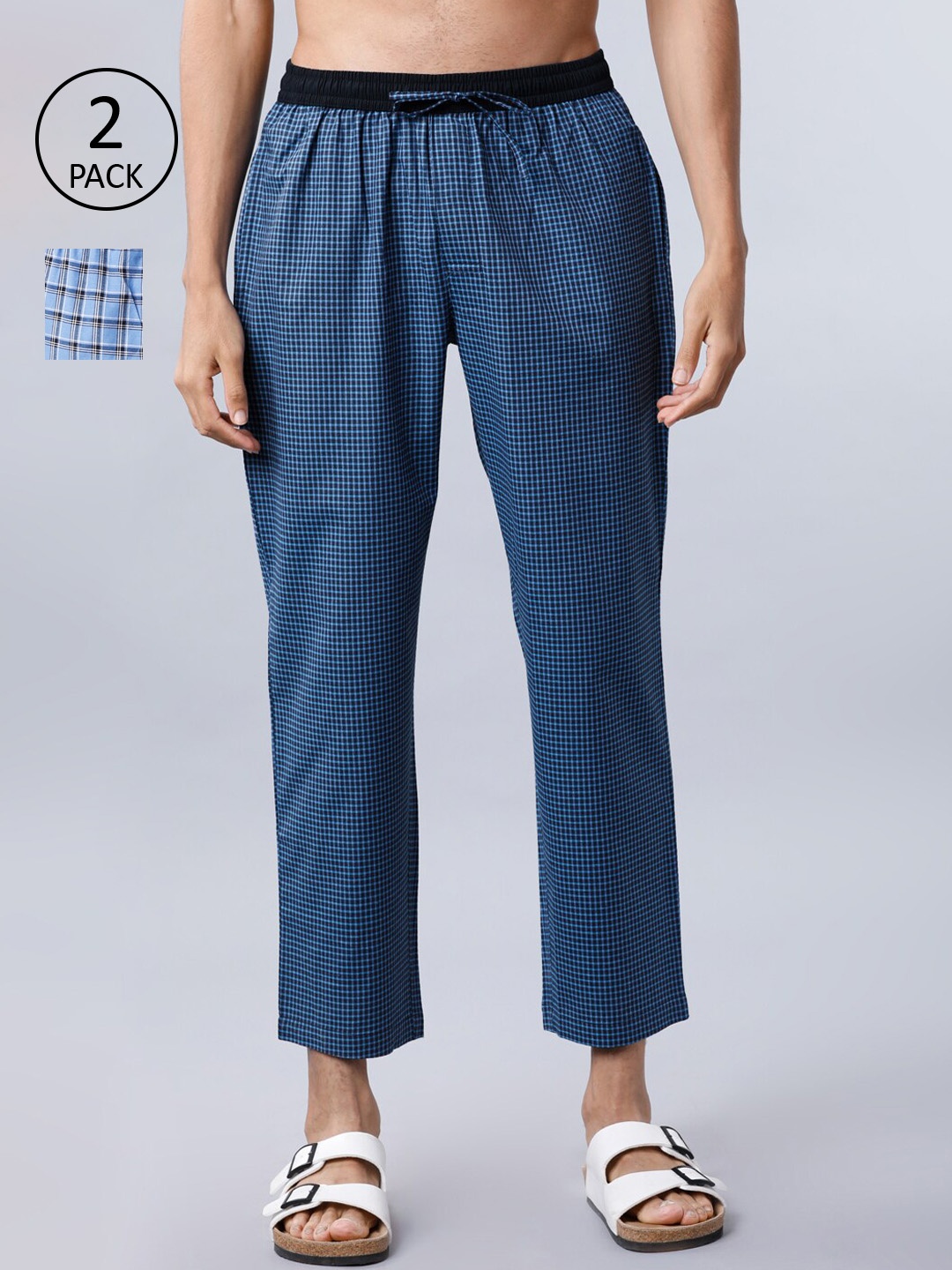 

HIGHLANDER Men Pack Of 2 Checked Cropped Lounge Pants, Navy blue