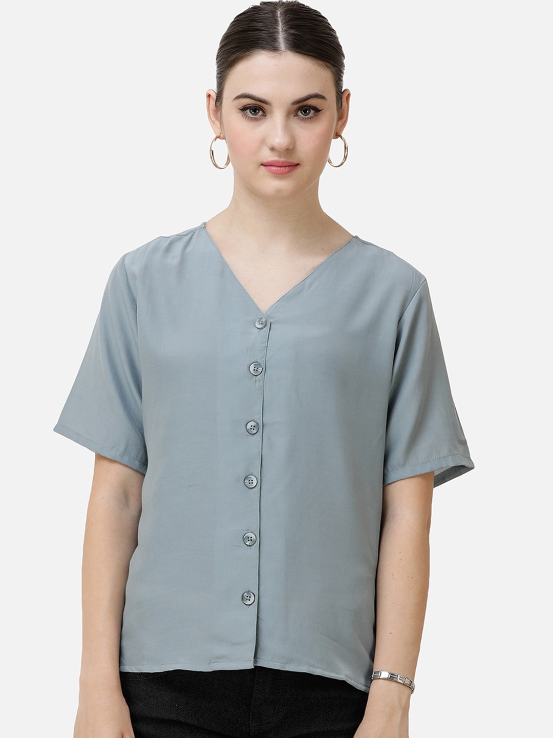 

DECHEN Women Blue Slim Fit Solid Casual Shirt