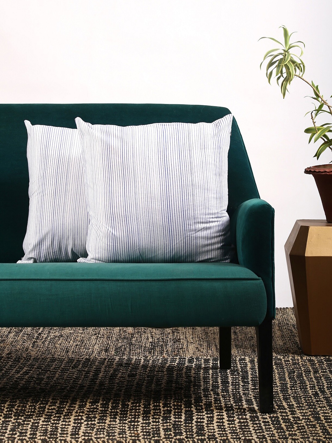 

Contrast Living Set Of 2 White & Blue Striped Square Cushion Covers