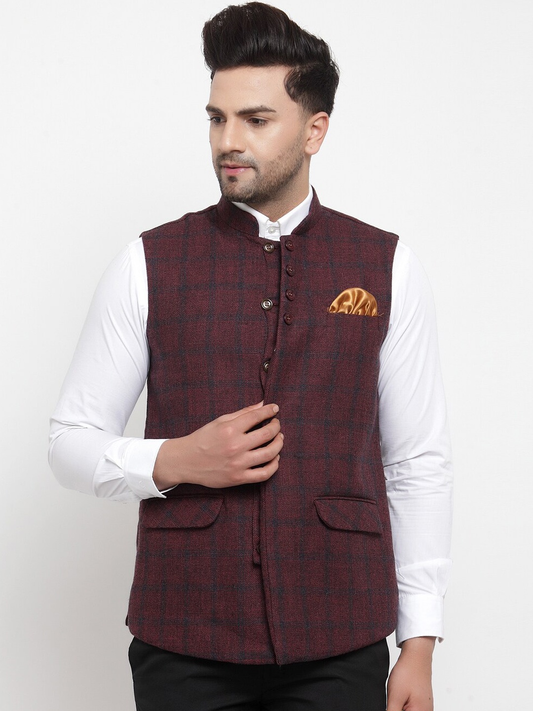 

KLOTTHE Men Maroon Checked Woven Nehru Jacket