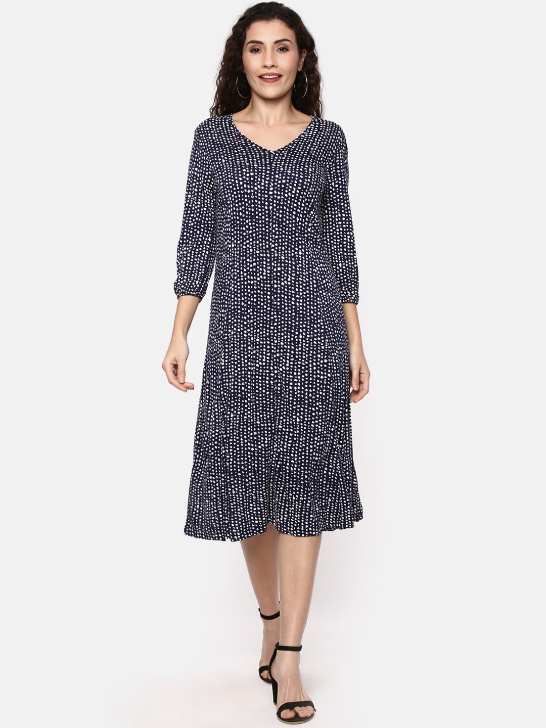 

YCANF Women Navy Blue Printed Fit and Flare Dress