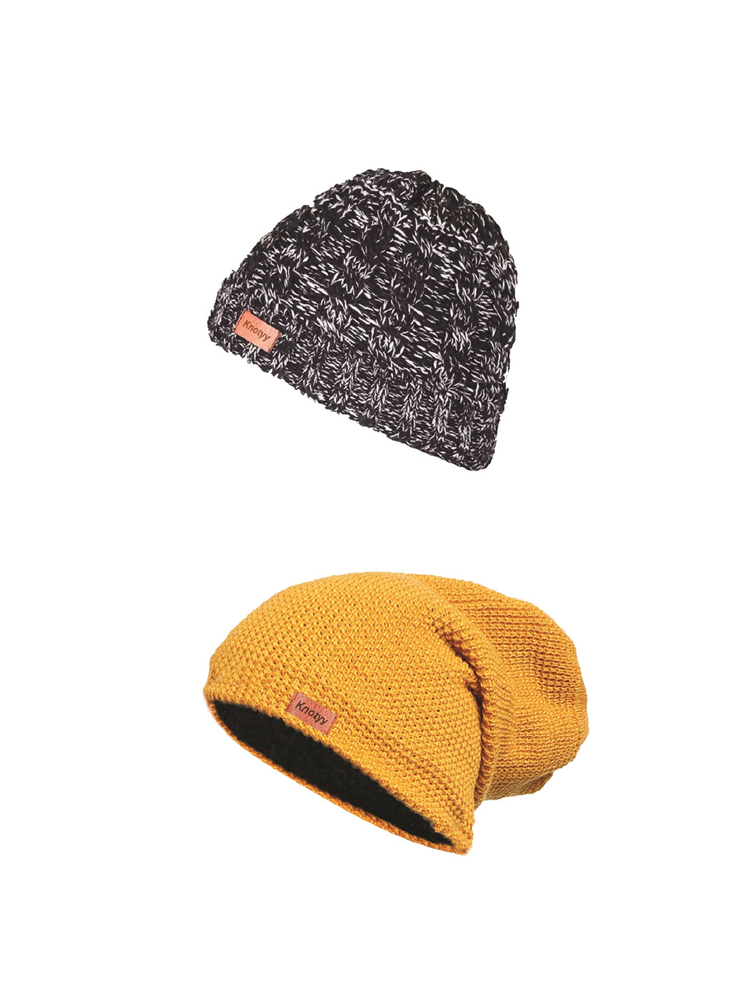 

Knotyy Unisex Pack of 2 Self Design Woollen Beanies, Yellow