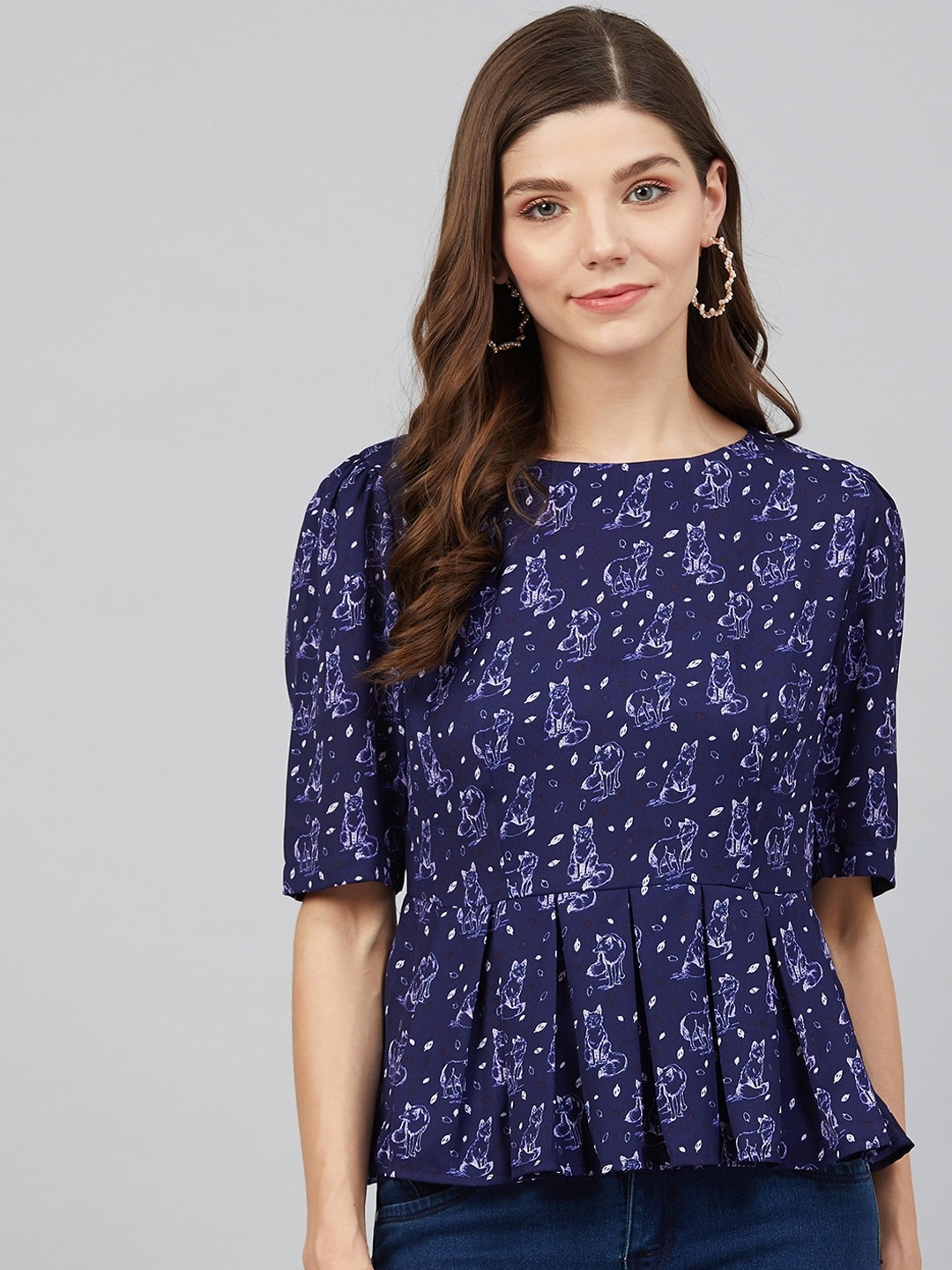 

RARE Women Navy Blue Printed Peplum Top