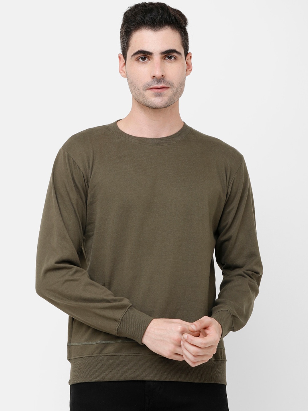

MADSTO Men Olive Green Solid Cotton Fleece Sweatshirt