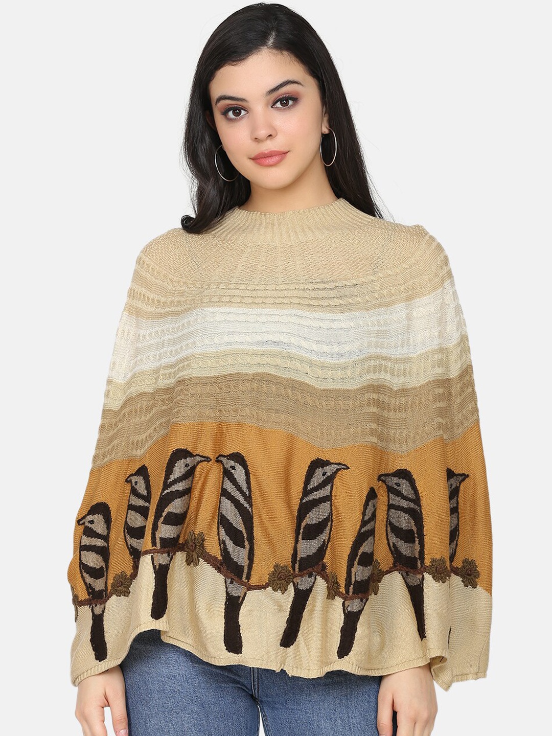 

Saanjh Women Beige & Black Printed Poncho Sweater