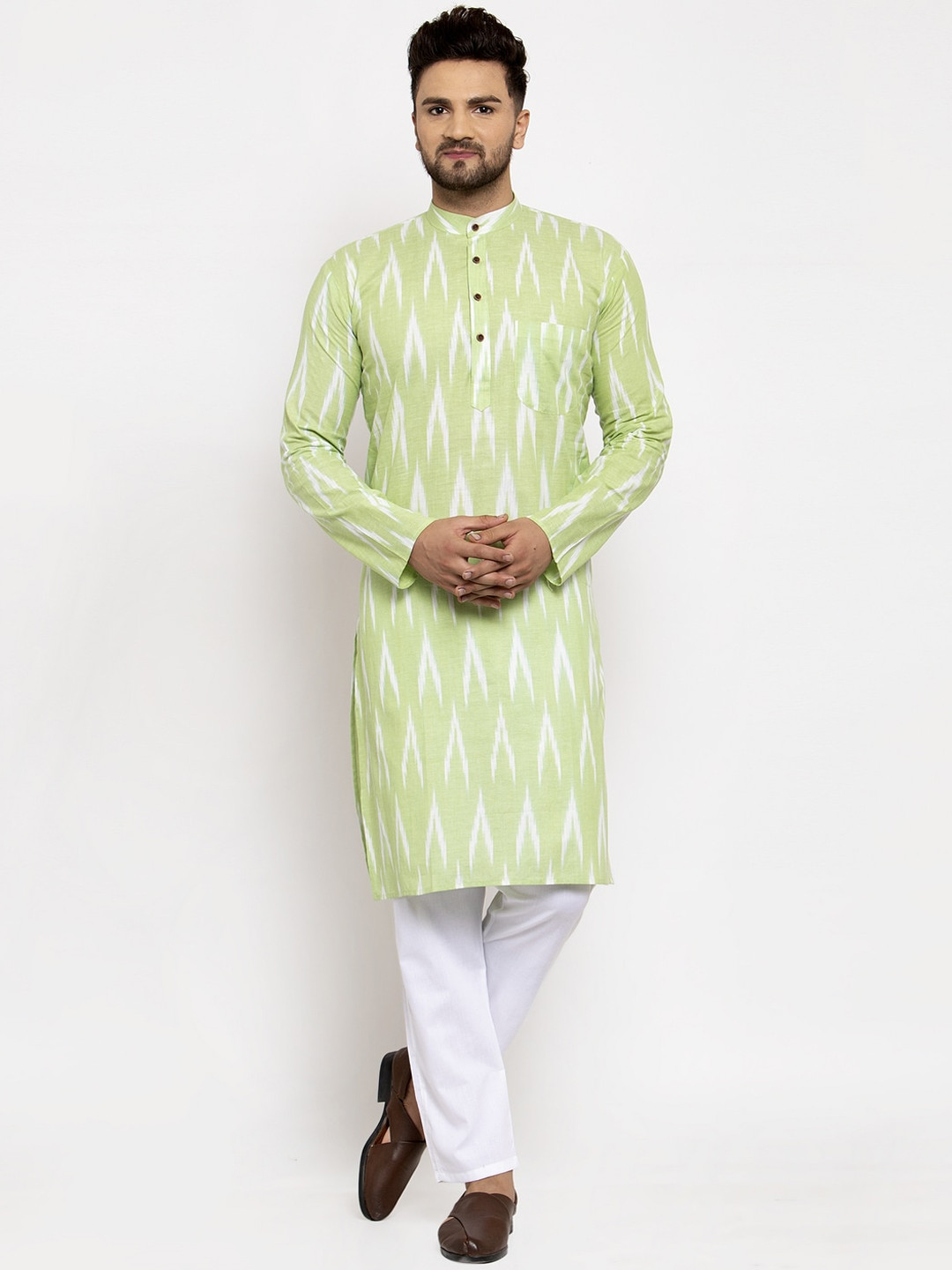 

Jompers Men Lime Green & White Woven Design Kurta with Pyjamas