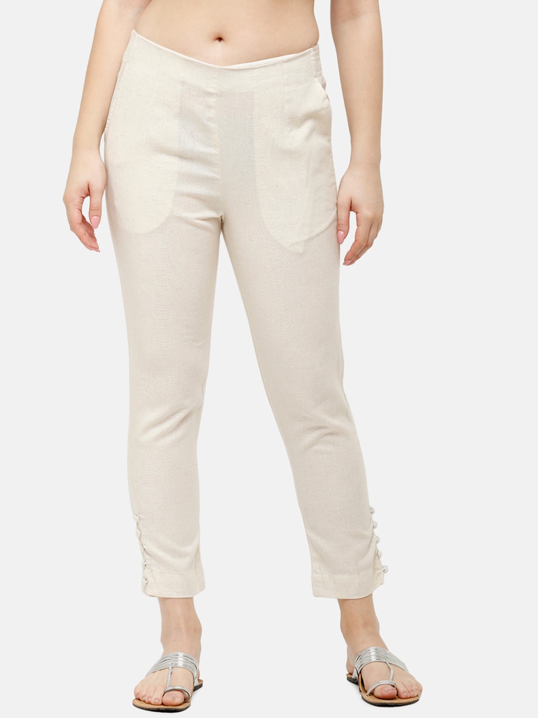 

De Moza Women Off-White Slim Fit Solid Cotton Cigarette Trousers