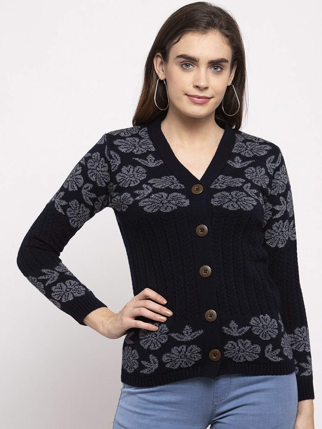 

Kalt Women Navy Blue & Grey Self Design Cardigan