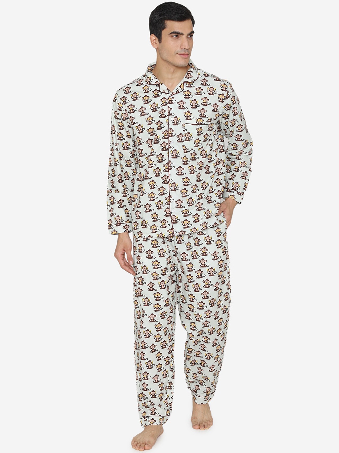 

Fluffalump Men Off-White & Brown Printed Night suit
