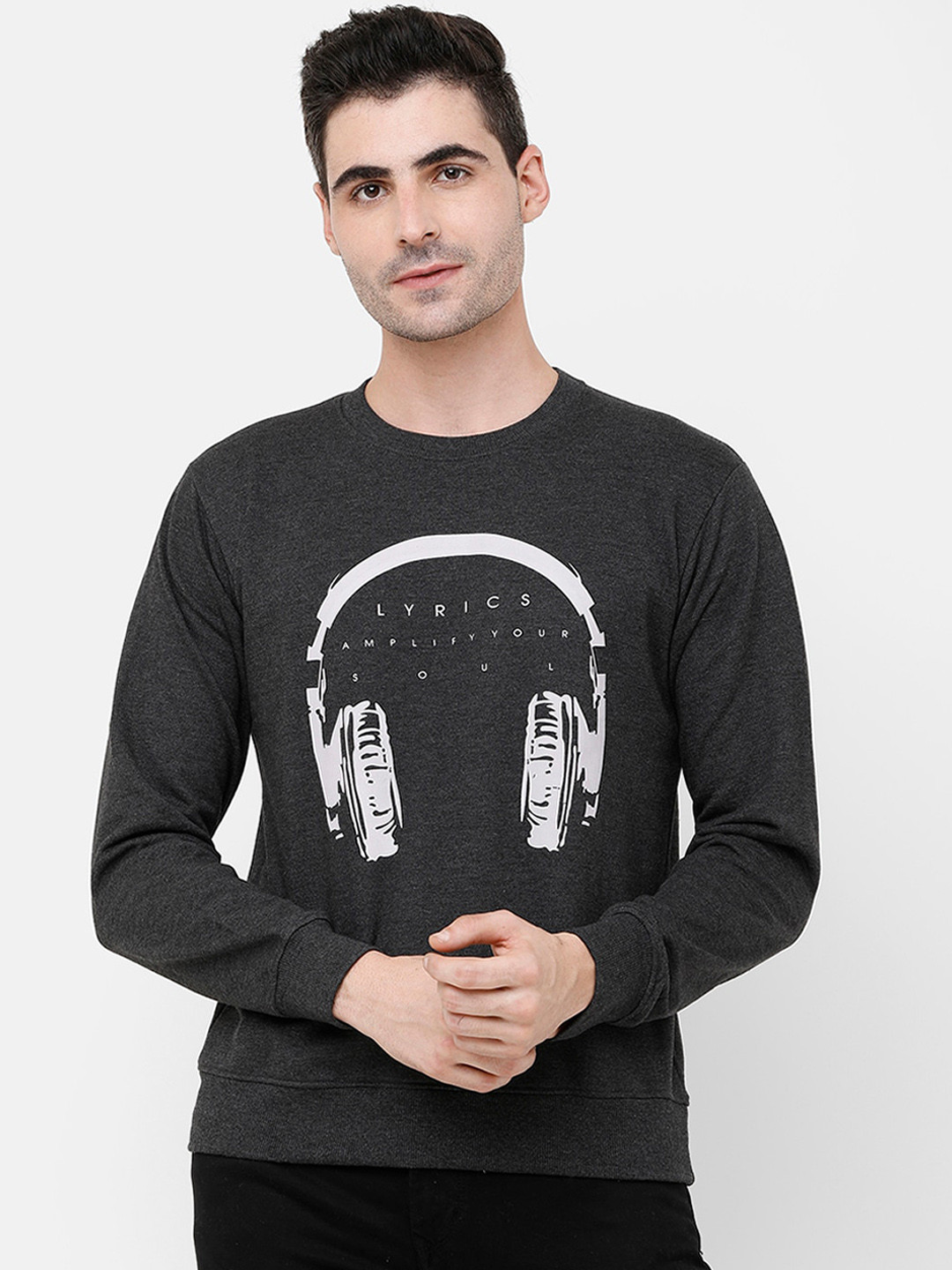 

MADSTO Men Charcoal Grey Printed Sweatshirt