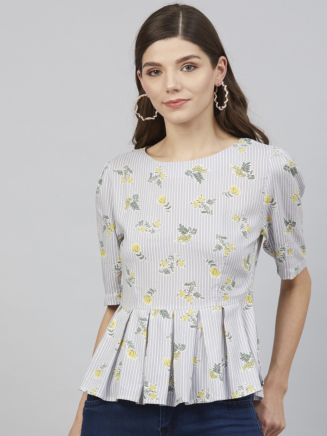 

RARE Women Off-White & Grey Floral Printed Peplum Top