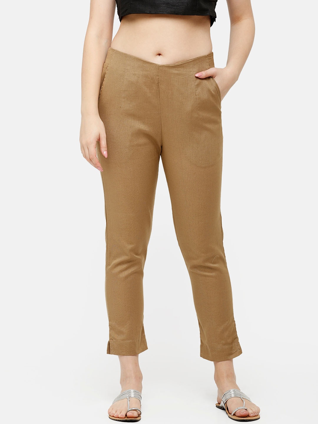 

De Moza Women Khaki Slim Fit Solid Cigarette Trousers