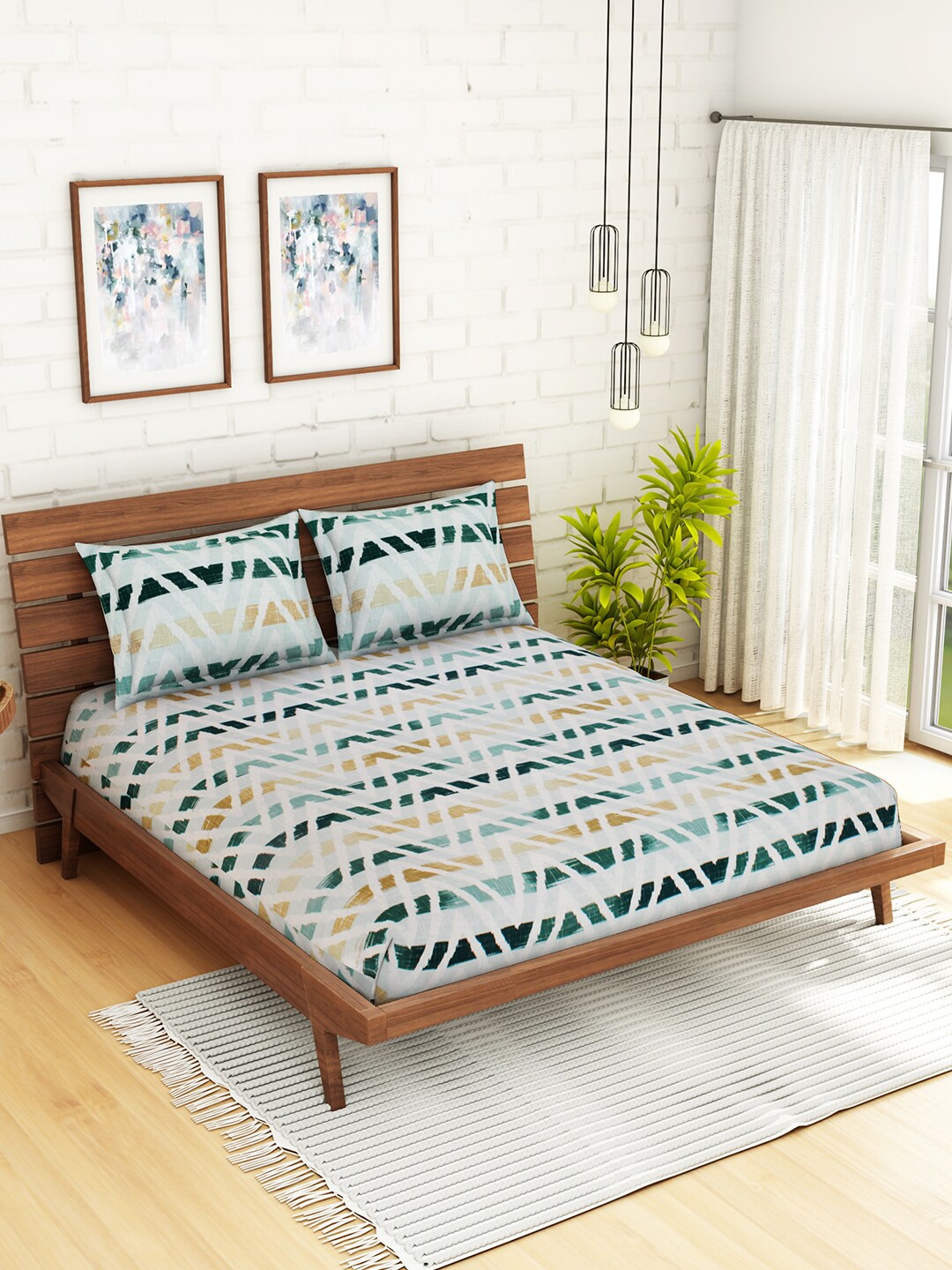 

WELHOME Green & Beige Printed 160 TC 1 Double Bedsheet With 2 Pillow Covers