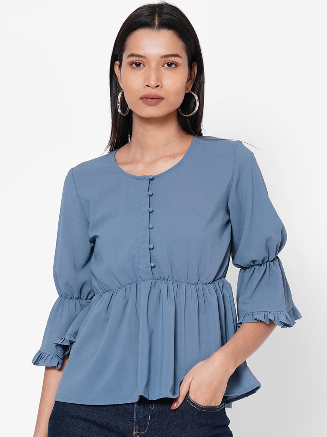 

MISH Women Blue Solid Cinched Waist Top
