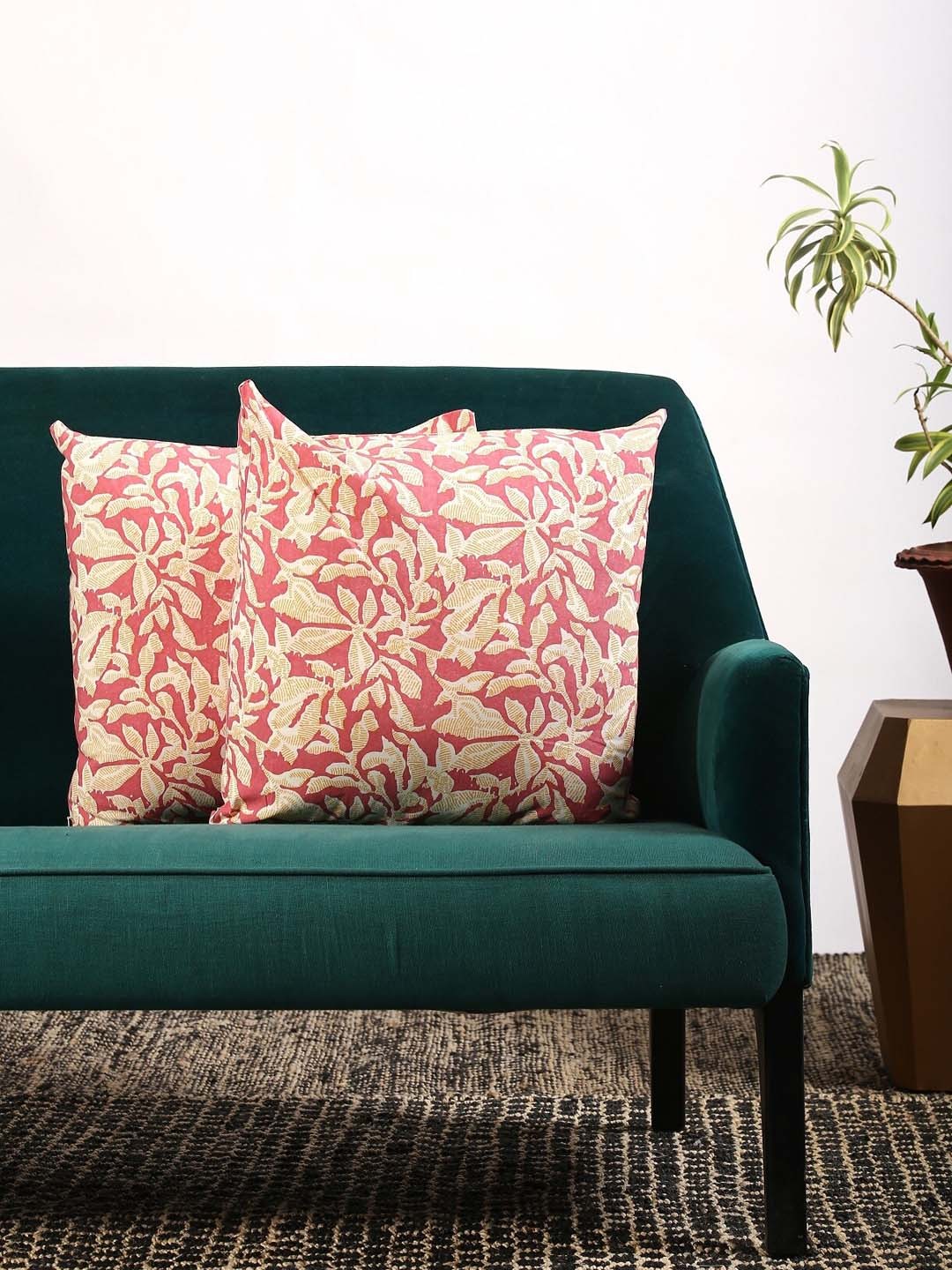 

Contrast Living Set Of 2 Red & Beige Floral Printed Square Cushion Covers