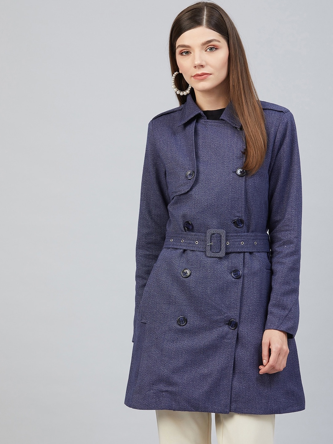 

Marie Claire Women Navy Blue Solid Knee-Length Trench Coat