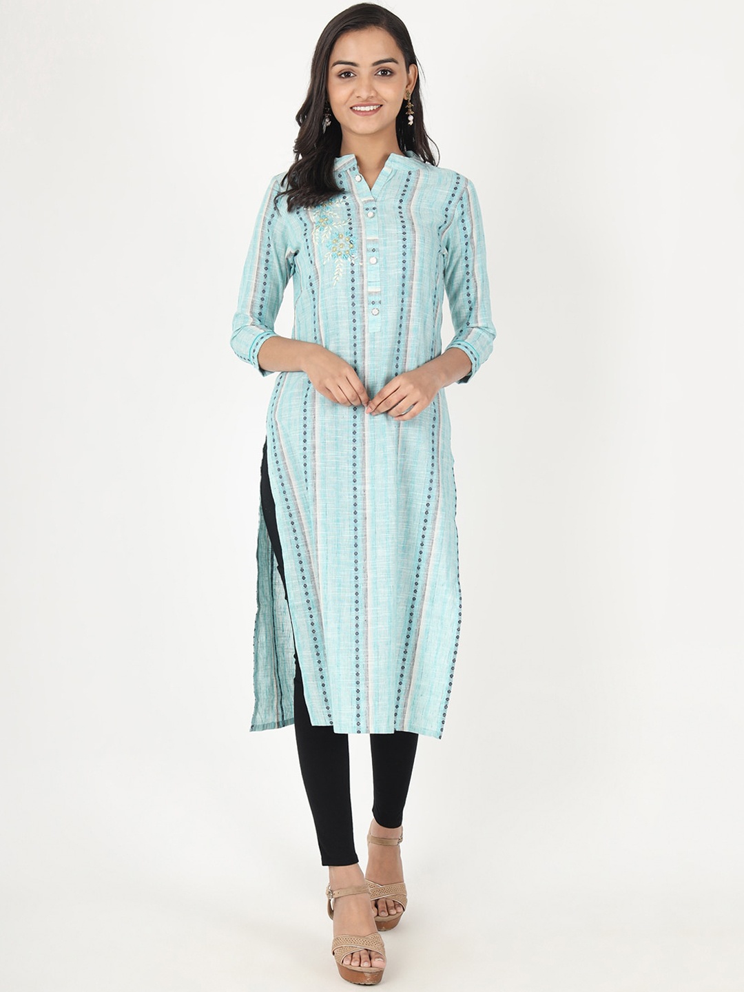 

Vbuyz Women Turquoise Blue Striped Straight Kurta