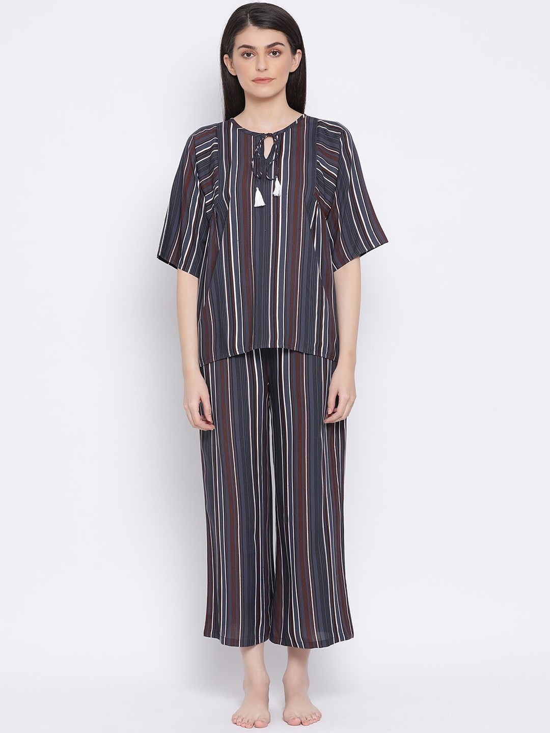

Clovia Women Grey & Maroon Striped Night suit