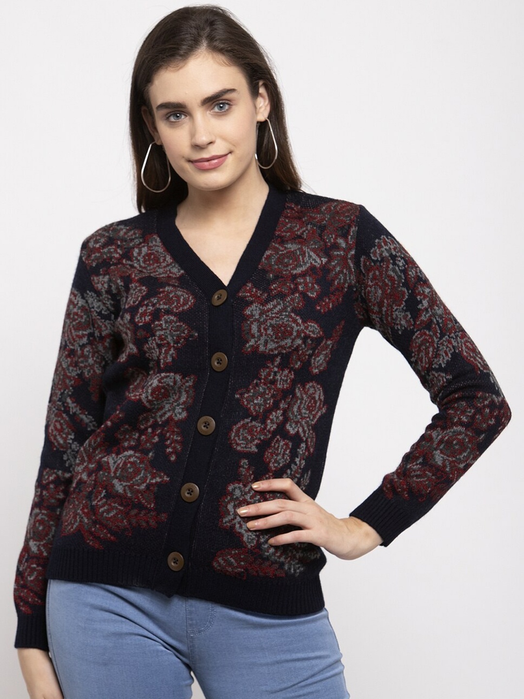 

Kalt Women Black & Maroon Self Design Cardigan