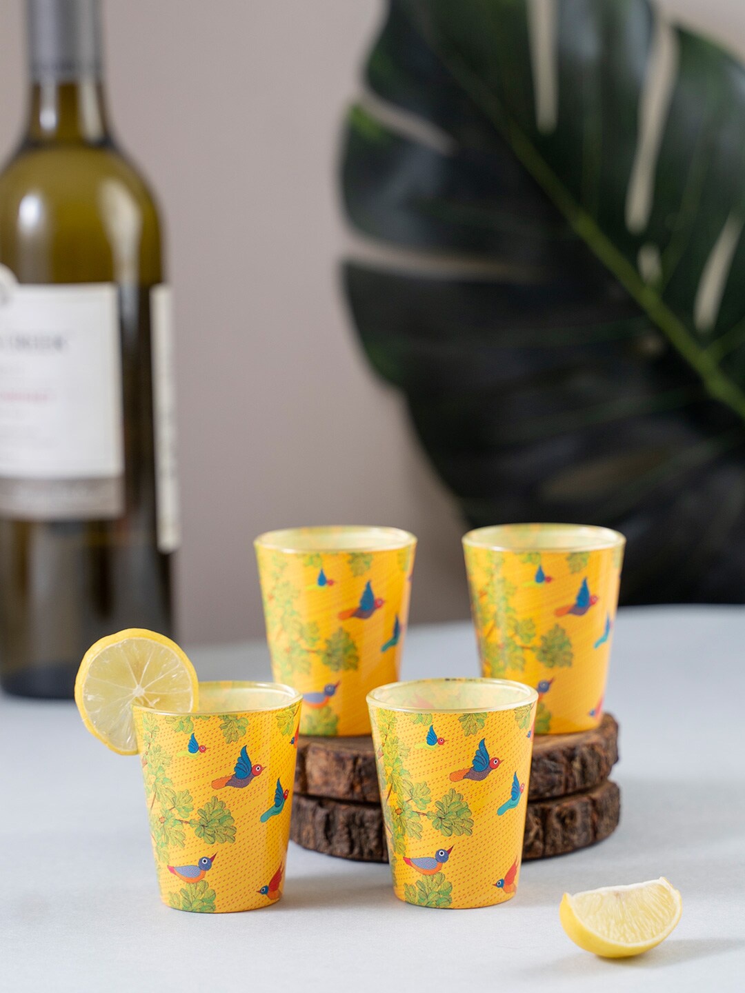 KOLOROBIA Set Of 4 Yellow & Blue Gond Art Shot Glasses 30 ml
