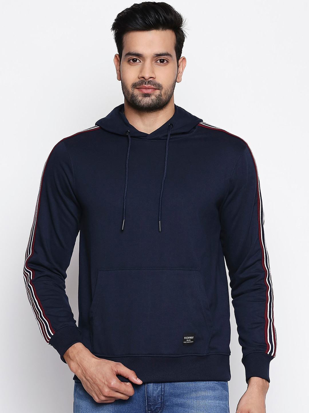 

People Men Navy Blue Solid Hooded Sweatshirt