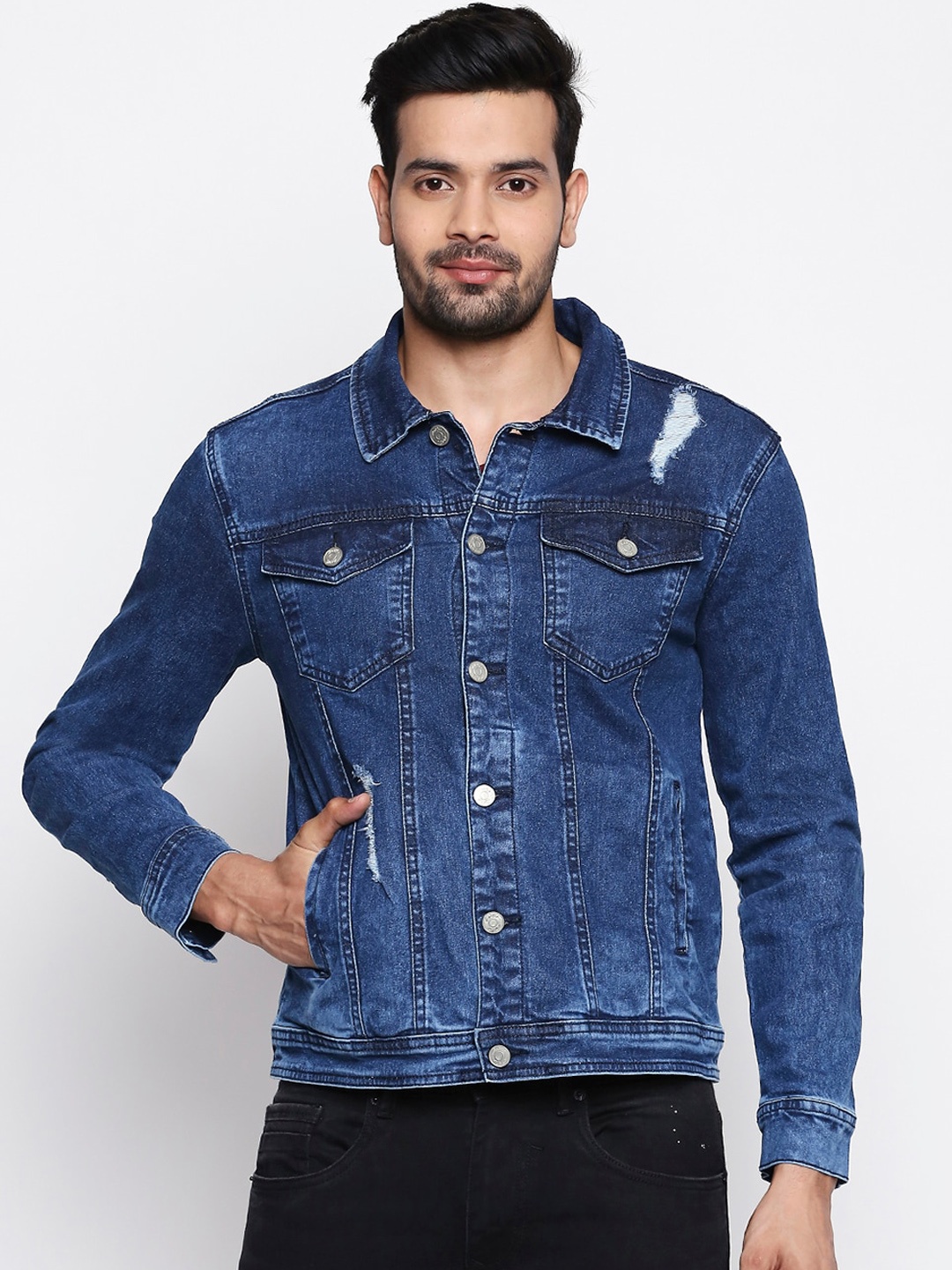 

People Men Blue Solid Denim Jacket