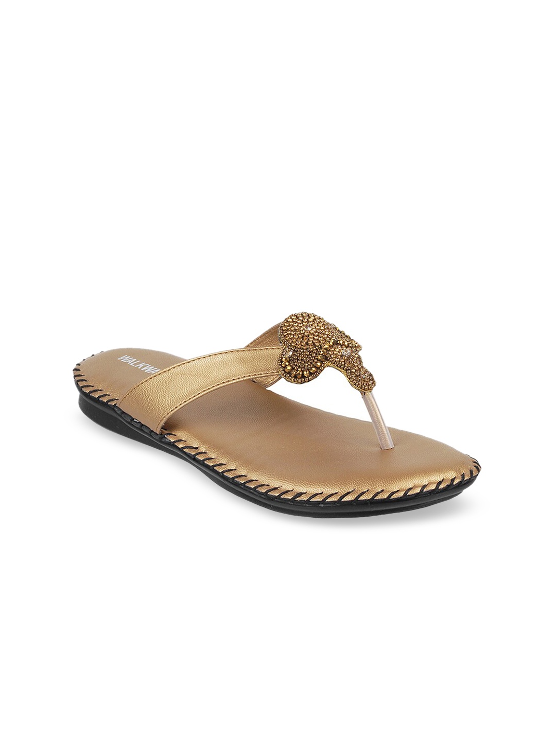 

WALKWAY by Metro Women Gold-Toned Embellished T-Strap Flats