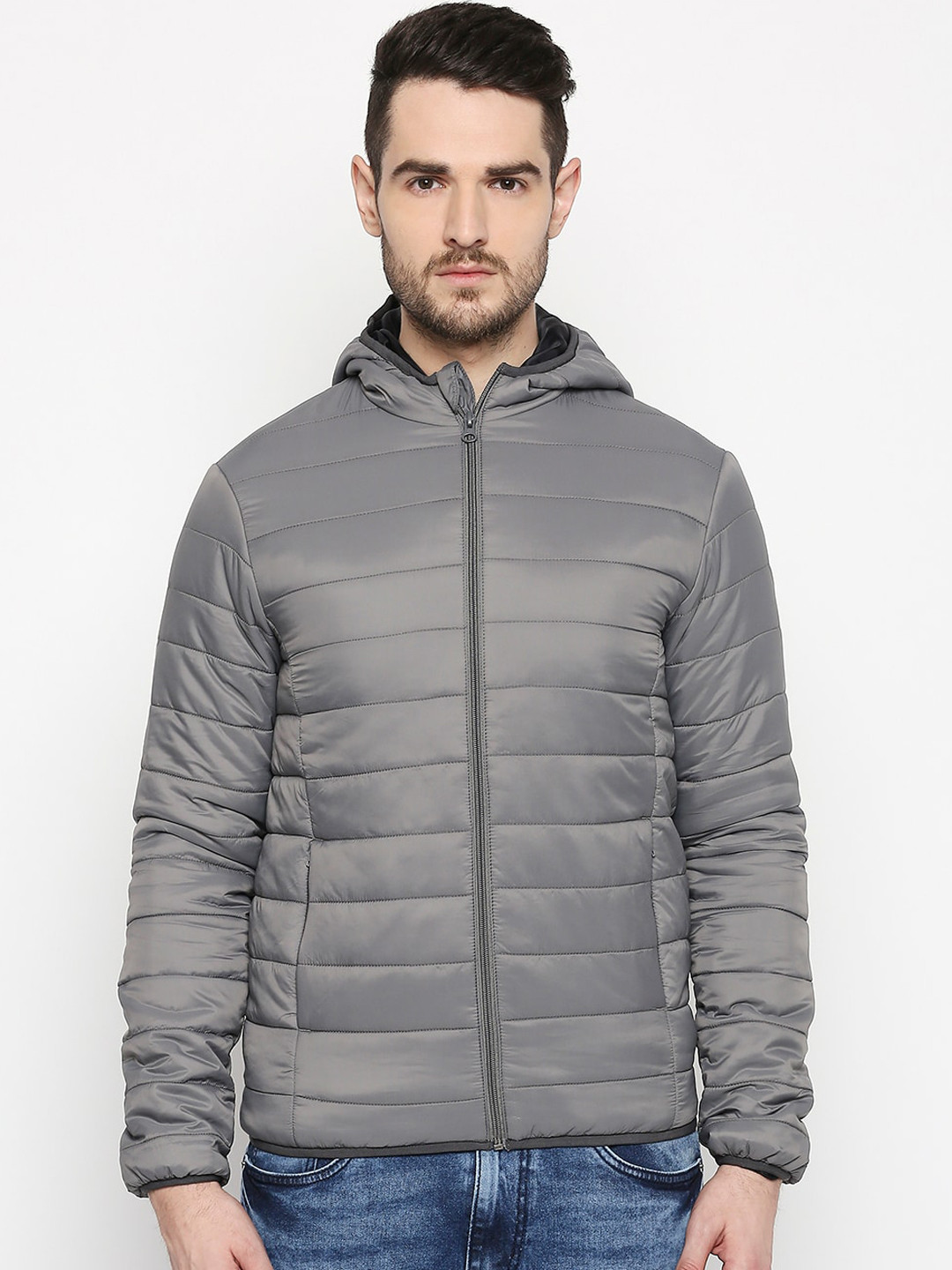 

People Men Grey Solid Hooded Puffer Jacket