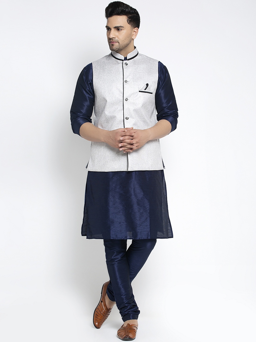 

Benstoke Men Navy Blue Solid Kurta with Churidar and Nehru Jacket