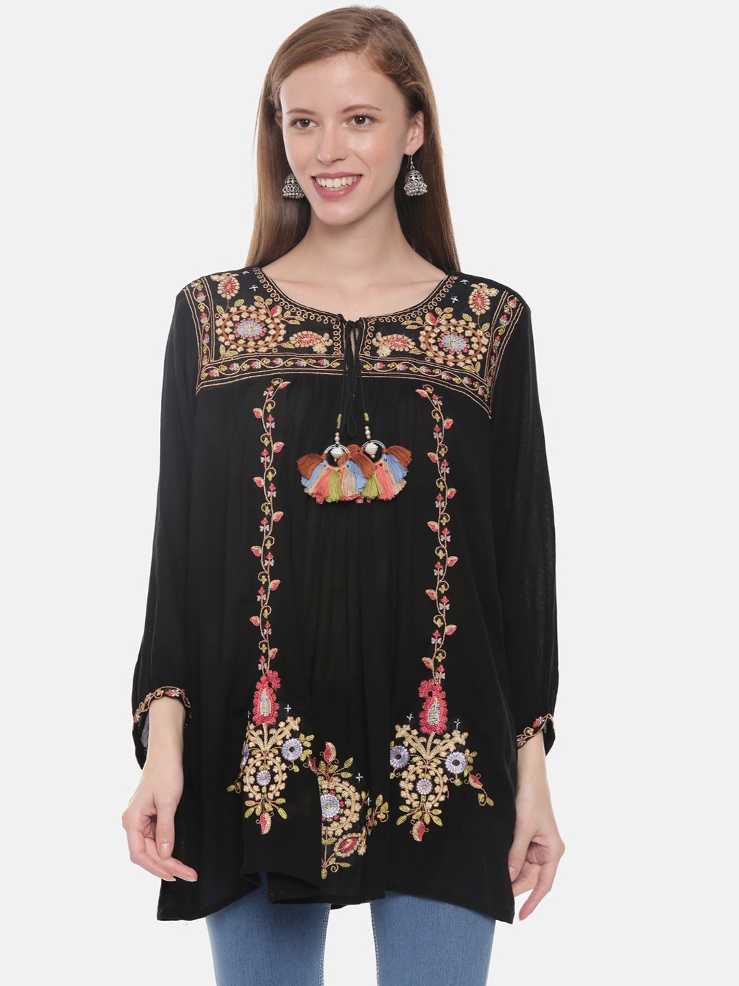 

Neerus Women Black Embroidered A-Line Kurta
