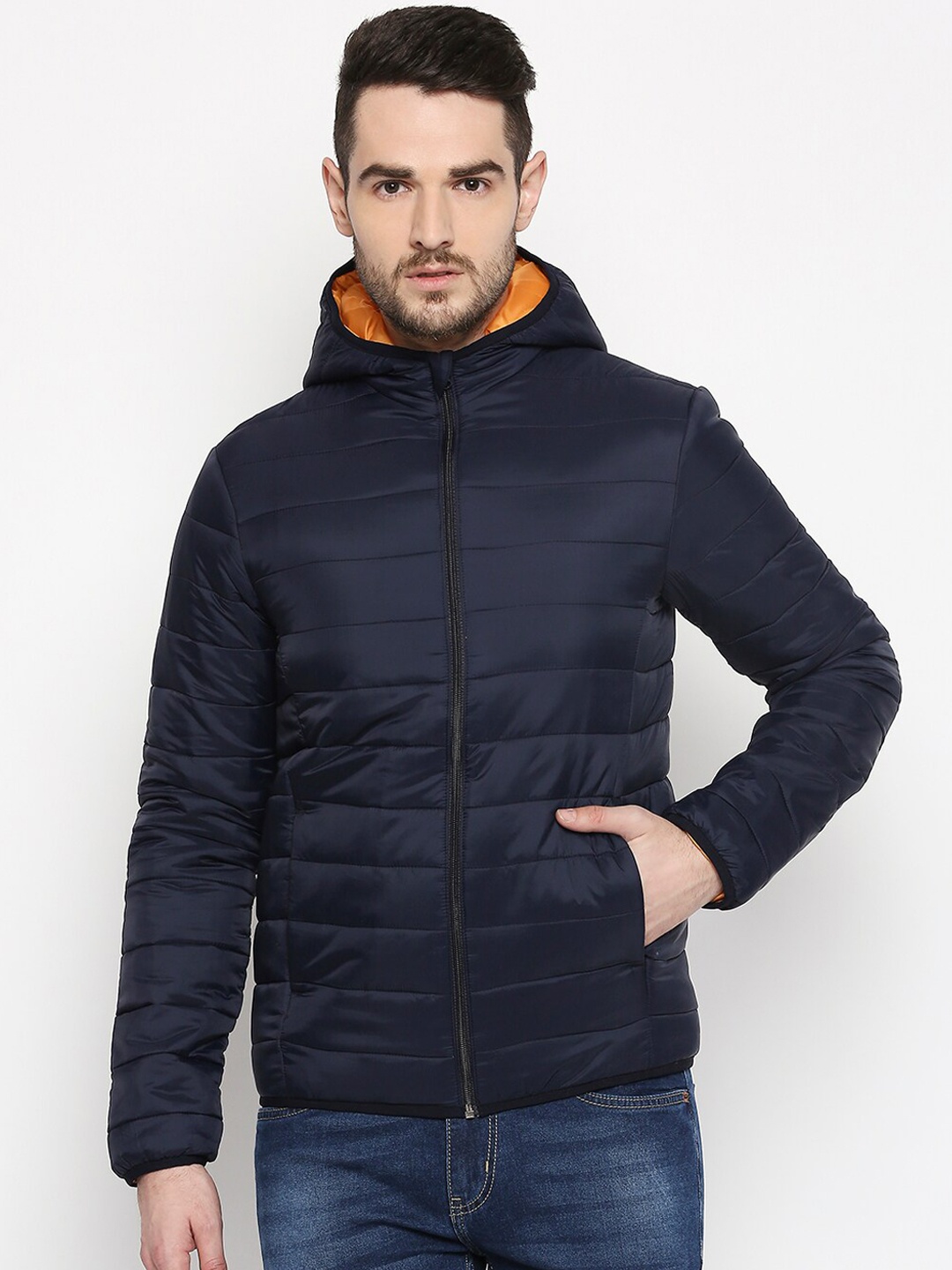 

People Men Navy Blue Solid Padded Jacket