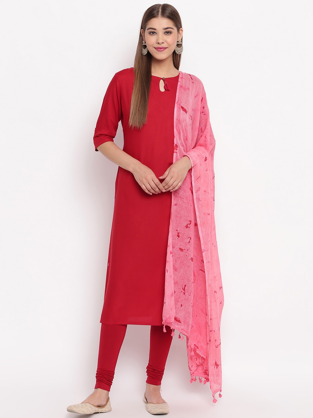 

Janasya Women Maroon & Pink Solid A-Line Kurta