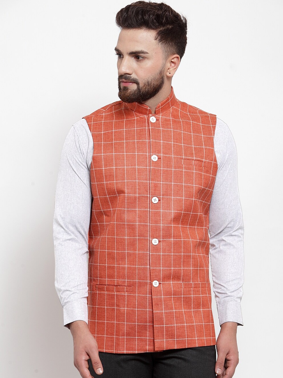 

Jompers Men Orange & White Checked Nehru Jacket