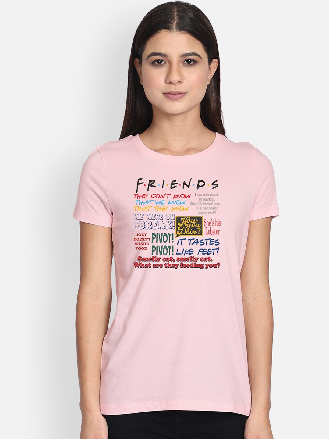 

Free Authority Women Pink FRIENDS Printed Round Neck Pure Cotton T-shirt