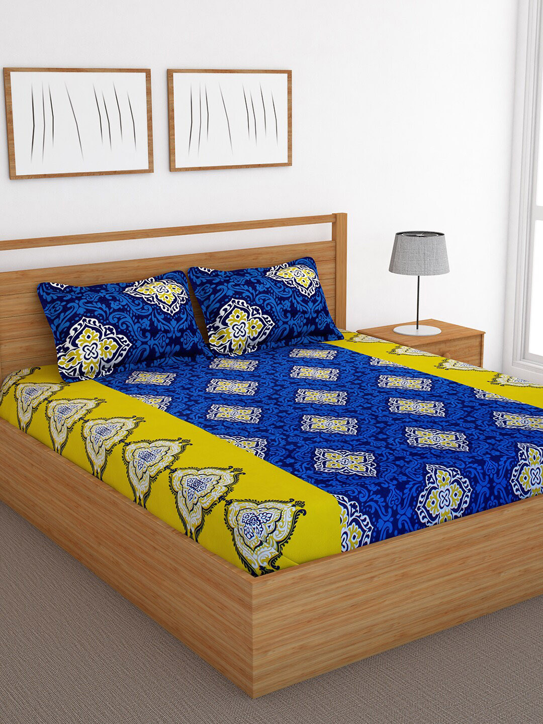 

Bedspun Blue & Yellow Ethnic Motifs 120 TC Cotton Double Queen Bedsheet With 2 Pillow Covers