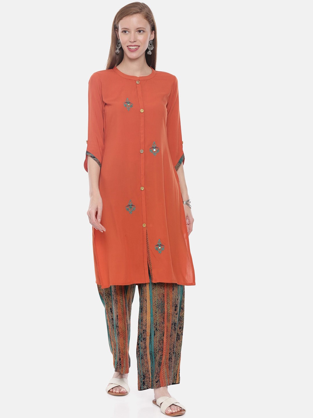 

Neerus Women Rust Orange Embroidered A-Line Kurta