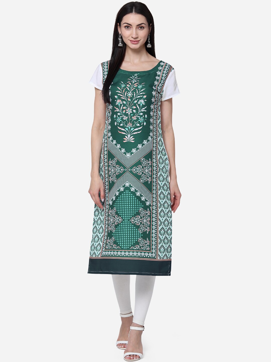 

Kvsfab Women Green & White Printed Straight Kurta