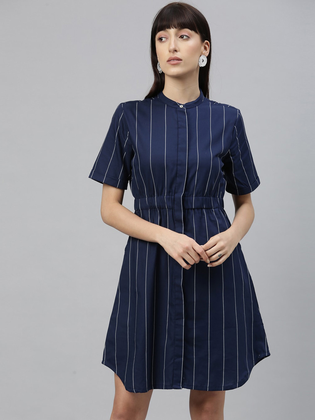 

RAREISM Women Navy Blue Striped Fit and Flare Dress