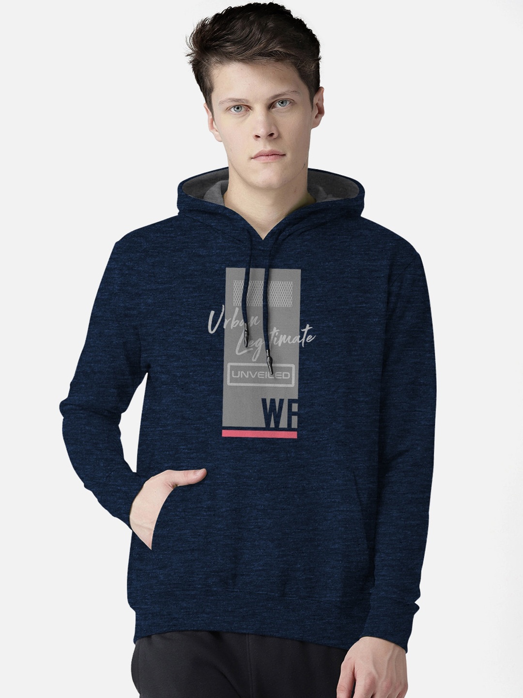 

BULLMER Men Navy Blue Printed Hooded Fleece Cotton Sweatshirt