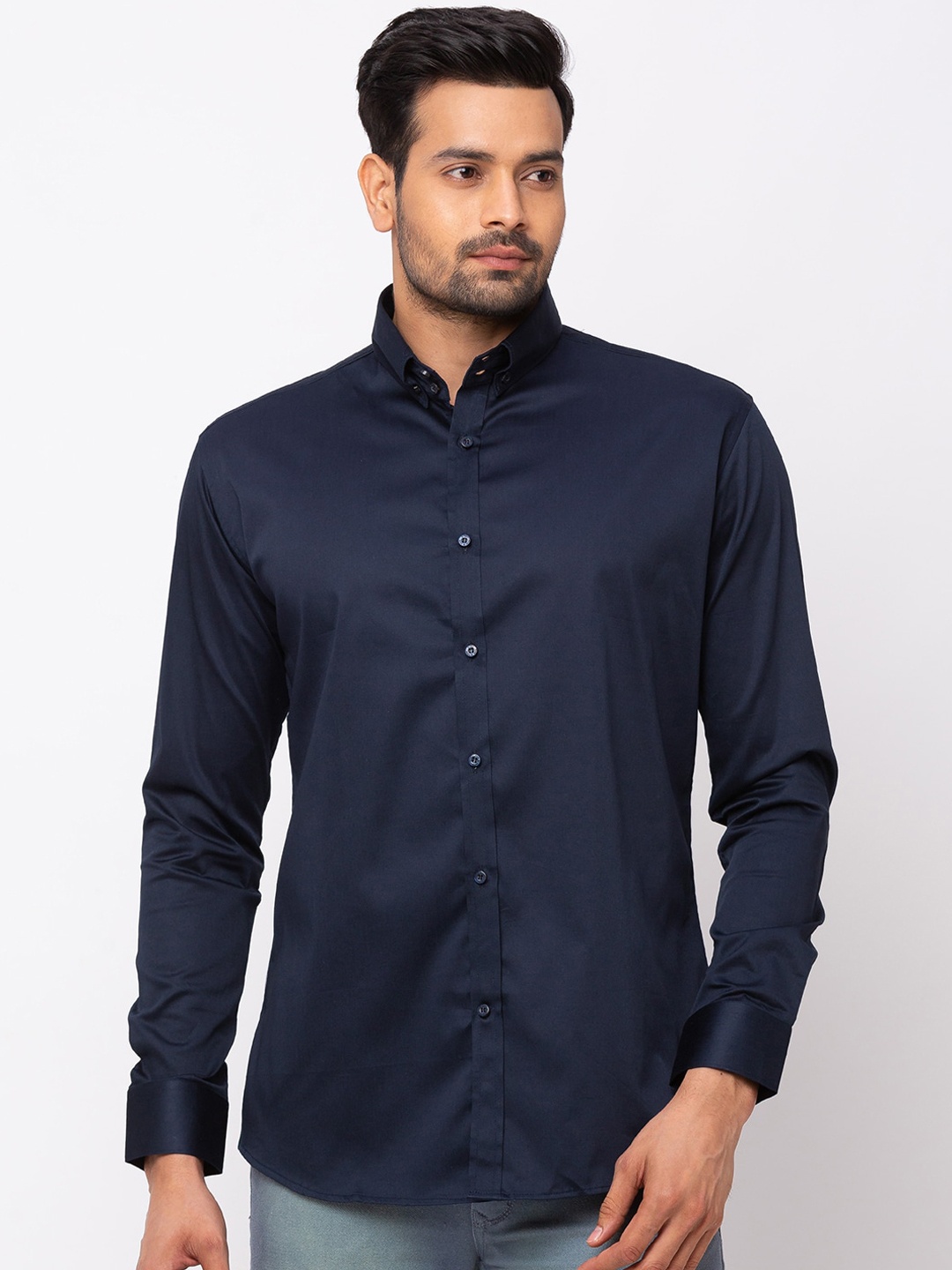

mode de base Men Navy Blue Slim Fit Solid Casual Shirt