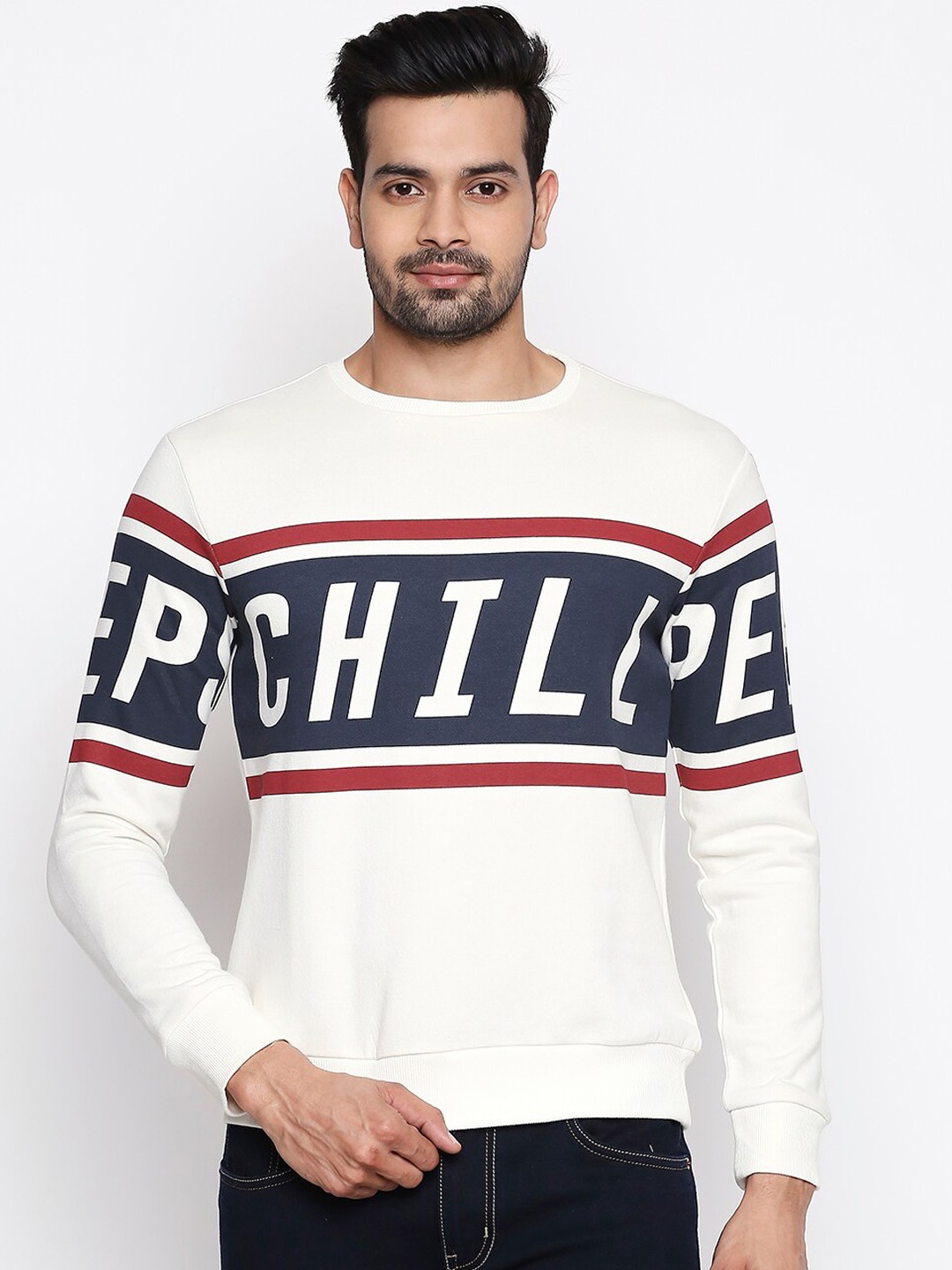 

People Men Navy Blue & White Printed Sweatshirt