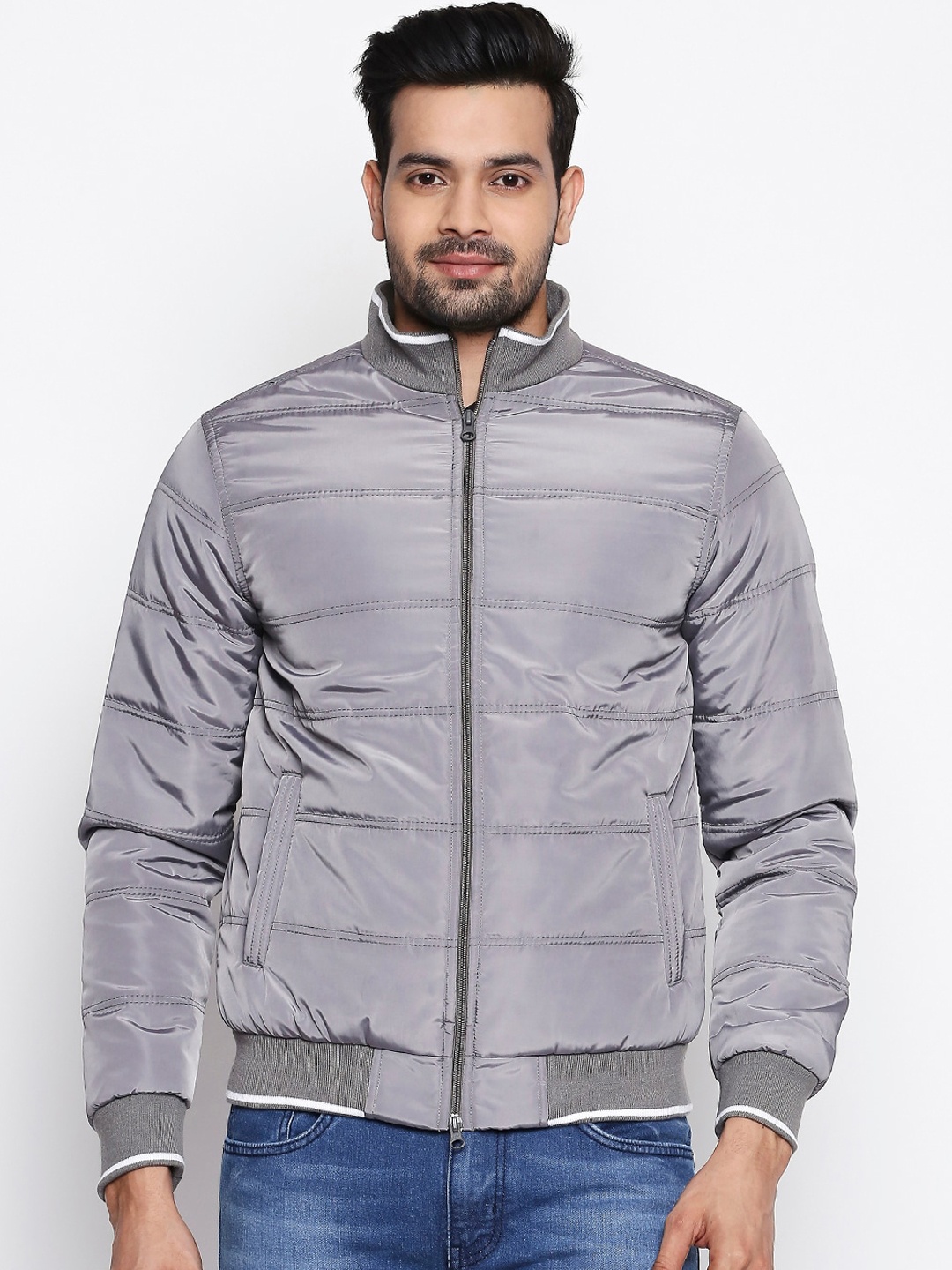 

People Men Grey Printed Bomber Jacket