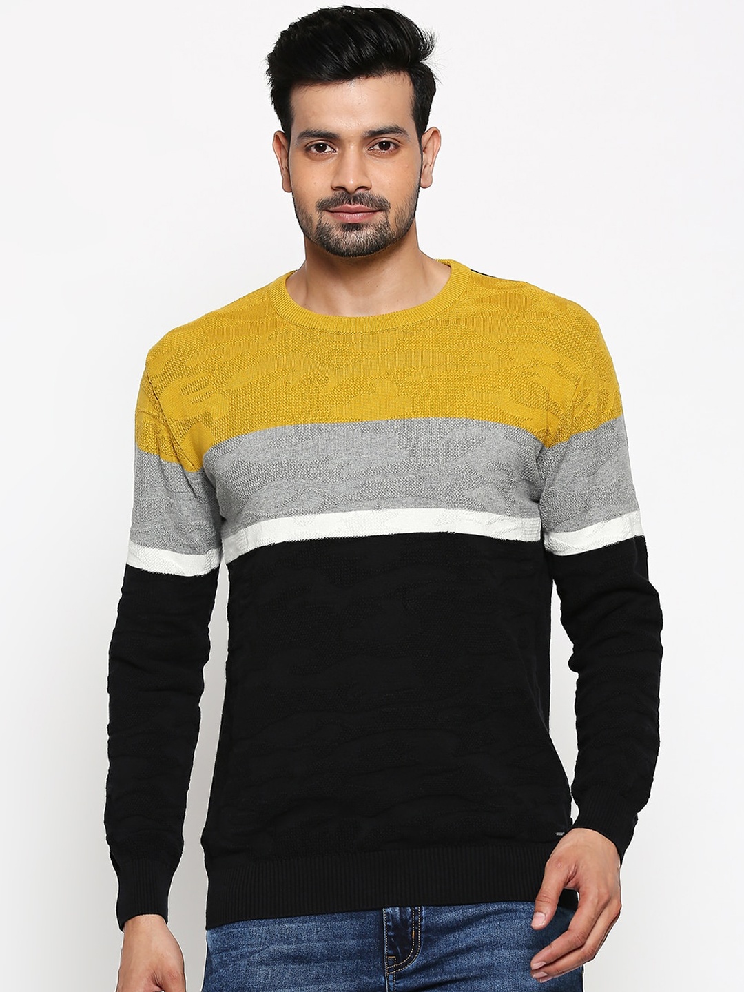 People Men Yellow & Grey Colourblocked Pullover Sweater