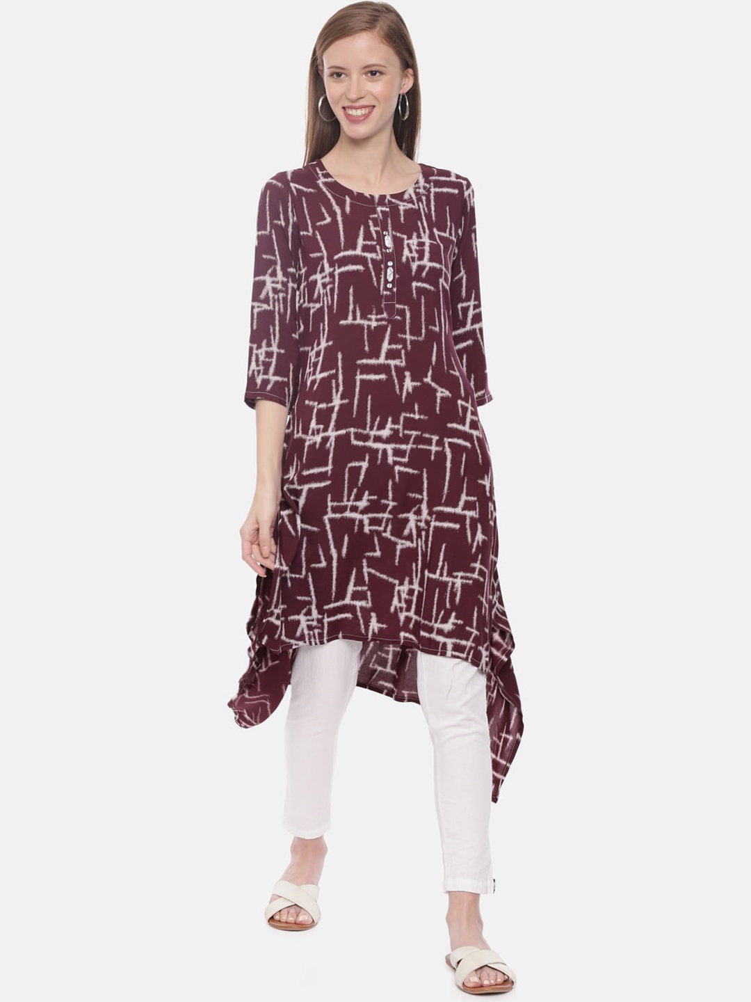 Neerus Women Maroon Printed A-Line Kurta