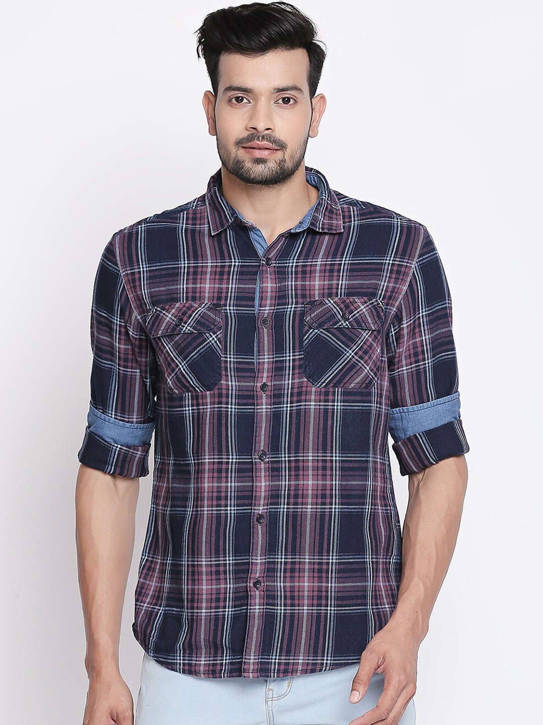 

SF JEANS by Pantaloons Men Maroon & Blue Slim Fit Checked Casual Shirt