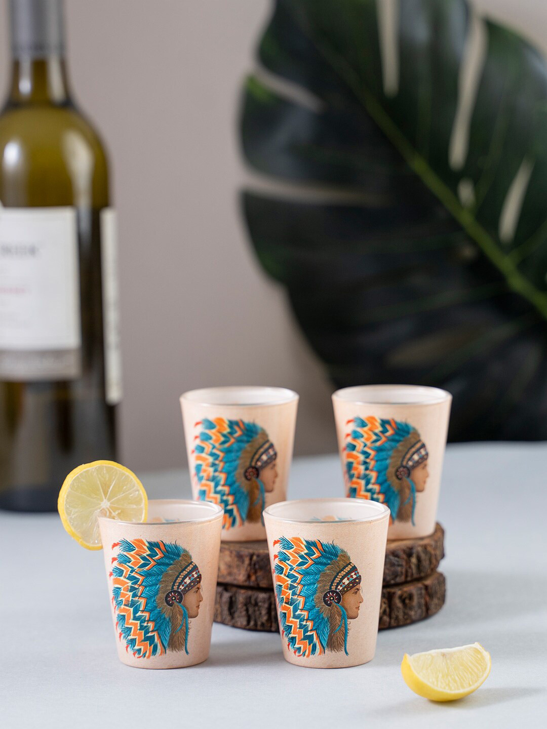 

KOLOROBIA Blue & Orange Set Of 4 Red Indian Male Printed Shot Glasses 30 ml