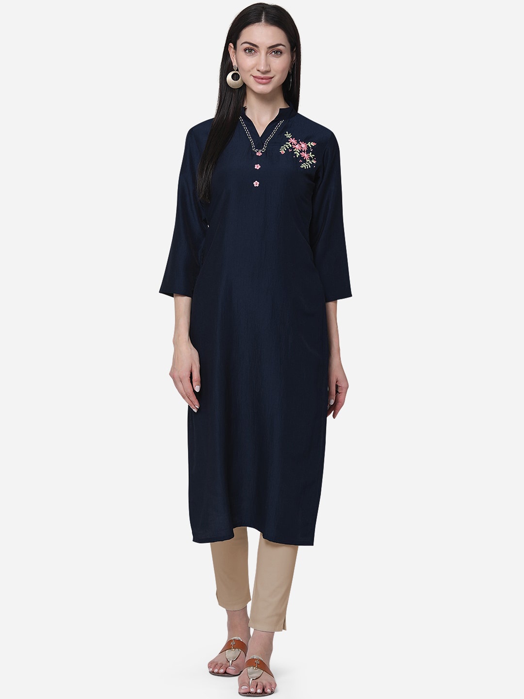 

Kvsfab Women Navy Blue Solid Straight Kurta