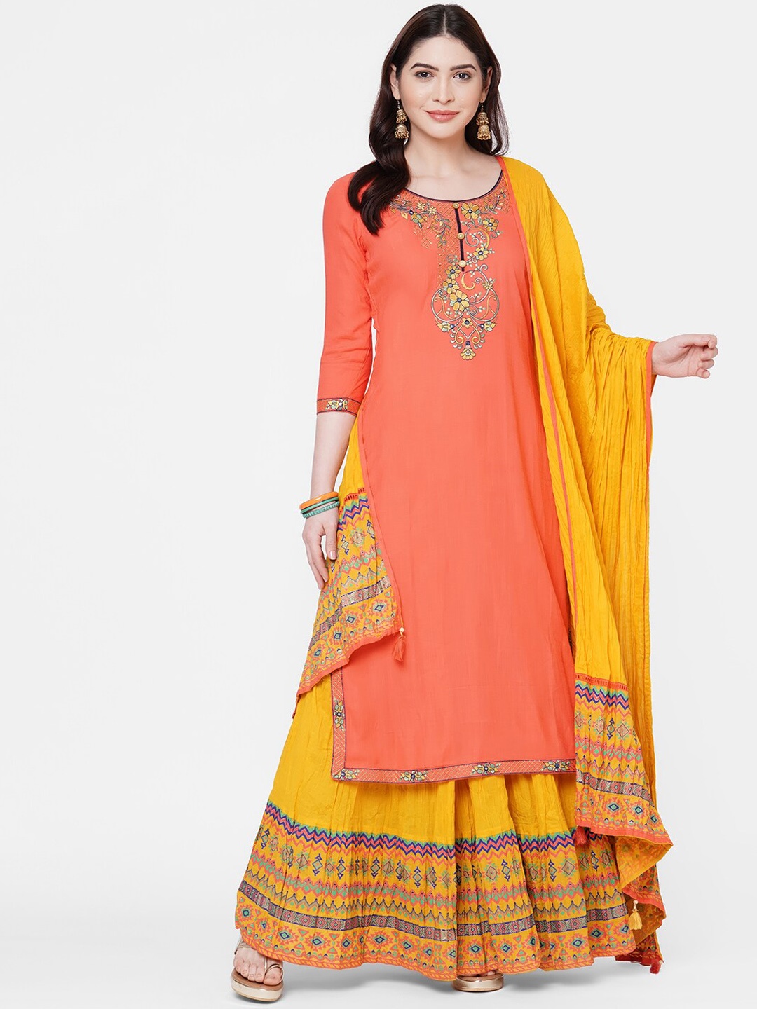 

FASHOR Women Peach-Coloured & Yellow Yoke Design Kurta with Skirt & Dupatta
