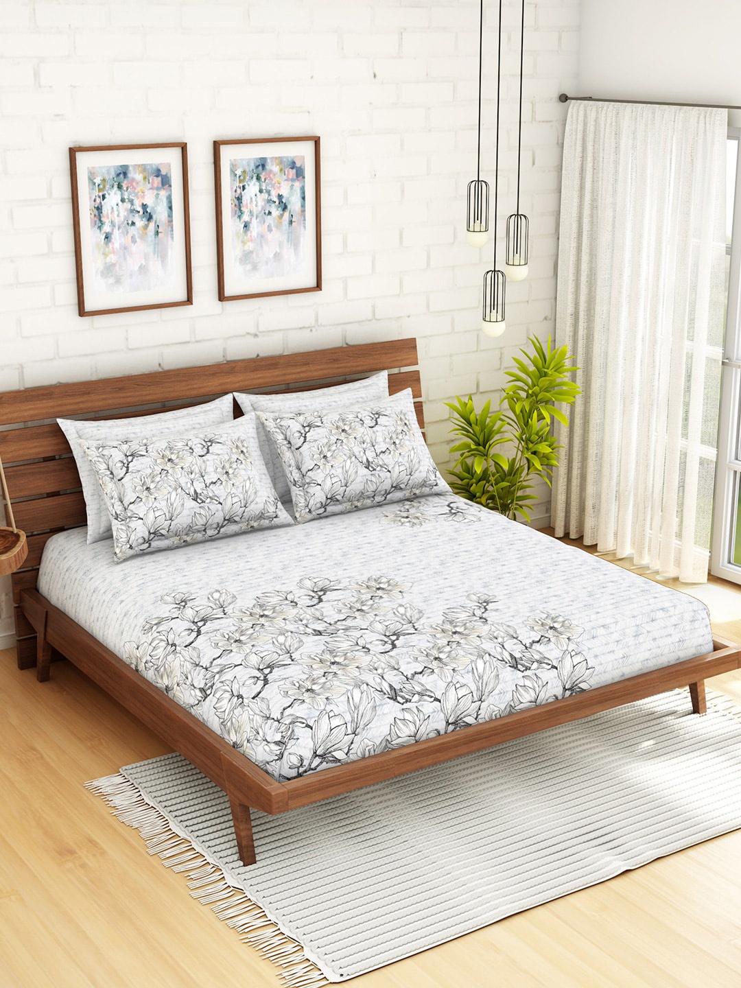 

SPACES Grey & White Printed 200 TC Cotton Double King Bedsheet With 4 Pillow Covers